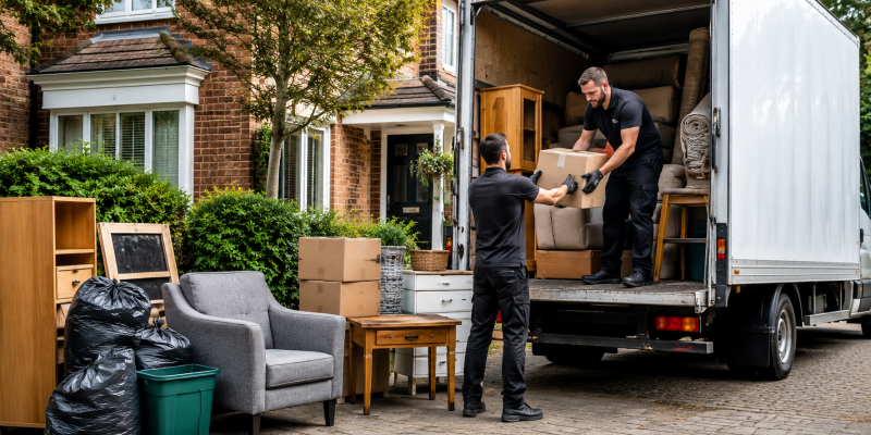 Professional house clearance team removing furniture and household items from a residential property